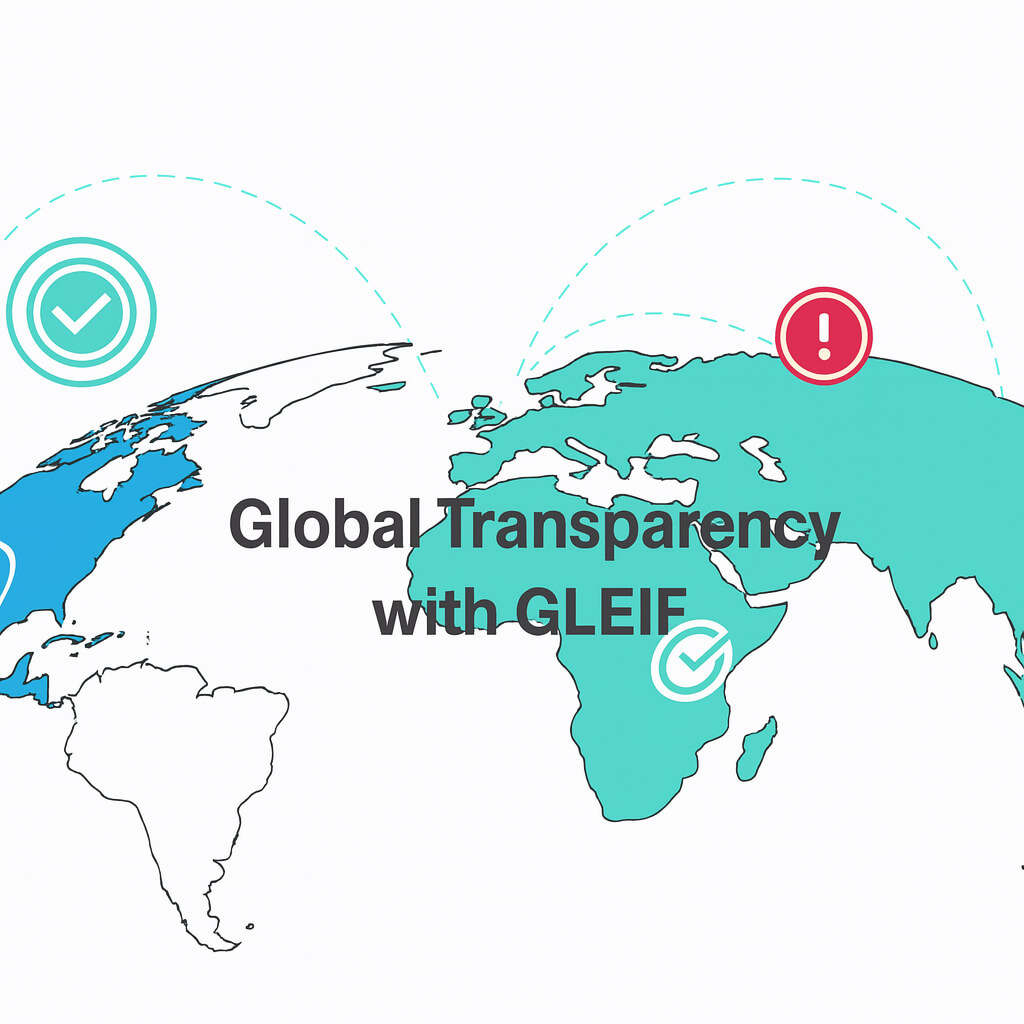 Weltkartenillustration, die globale Verbindungen und den Text „Globale Transparenz mit GLEIF“ zeigt und Finanztransparenz sowie zuverlässige Entitätsidentifizierung symbolisiert