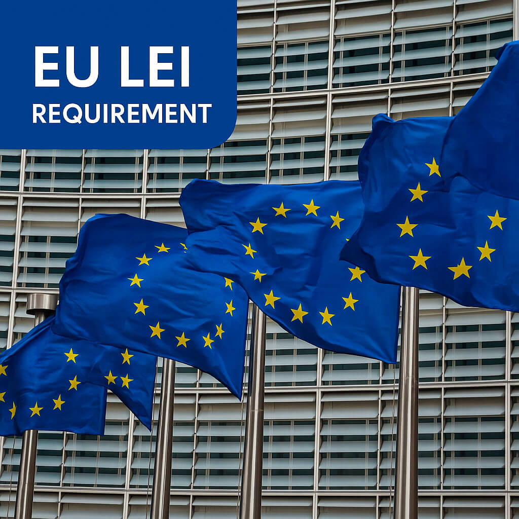 EU LEI Requirement – Europäische Unionsflaggen vor dem Kommissionsgebäude, die die Verpflichtungen des Legal Entity Identifier in der EU symbolisieren