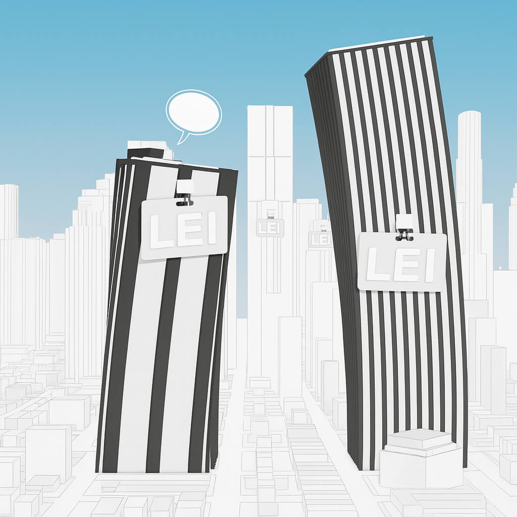 Illustration von Geschäftsgebäuden mit LEI-Abzeichen, die den Einsatz des Legal Entity Identifier im Wirtschaftssektor symbolisiert
